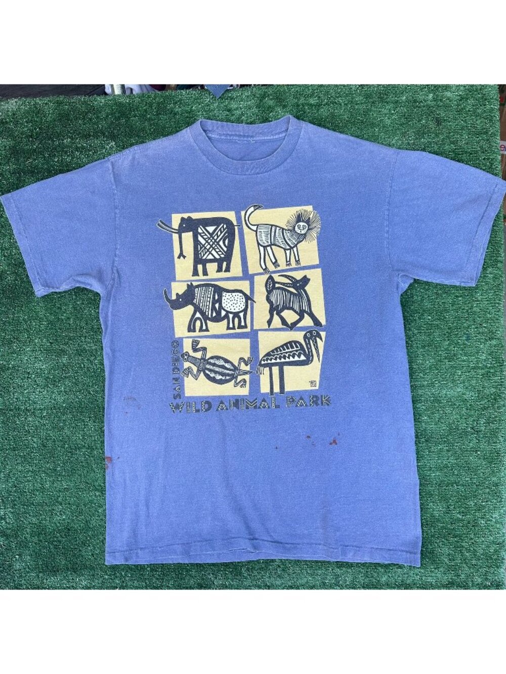 Vintage 90s San Diego Zoo Safari Animal T-Shirt Blue Single Stitch Tribal Nature